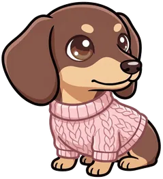 Le teckel assis en pull rose, qui attend son coffre du jour